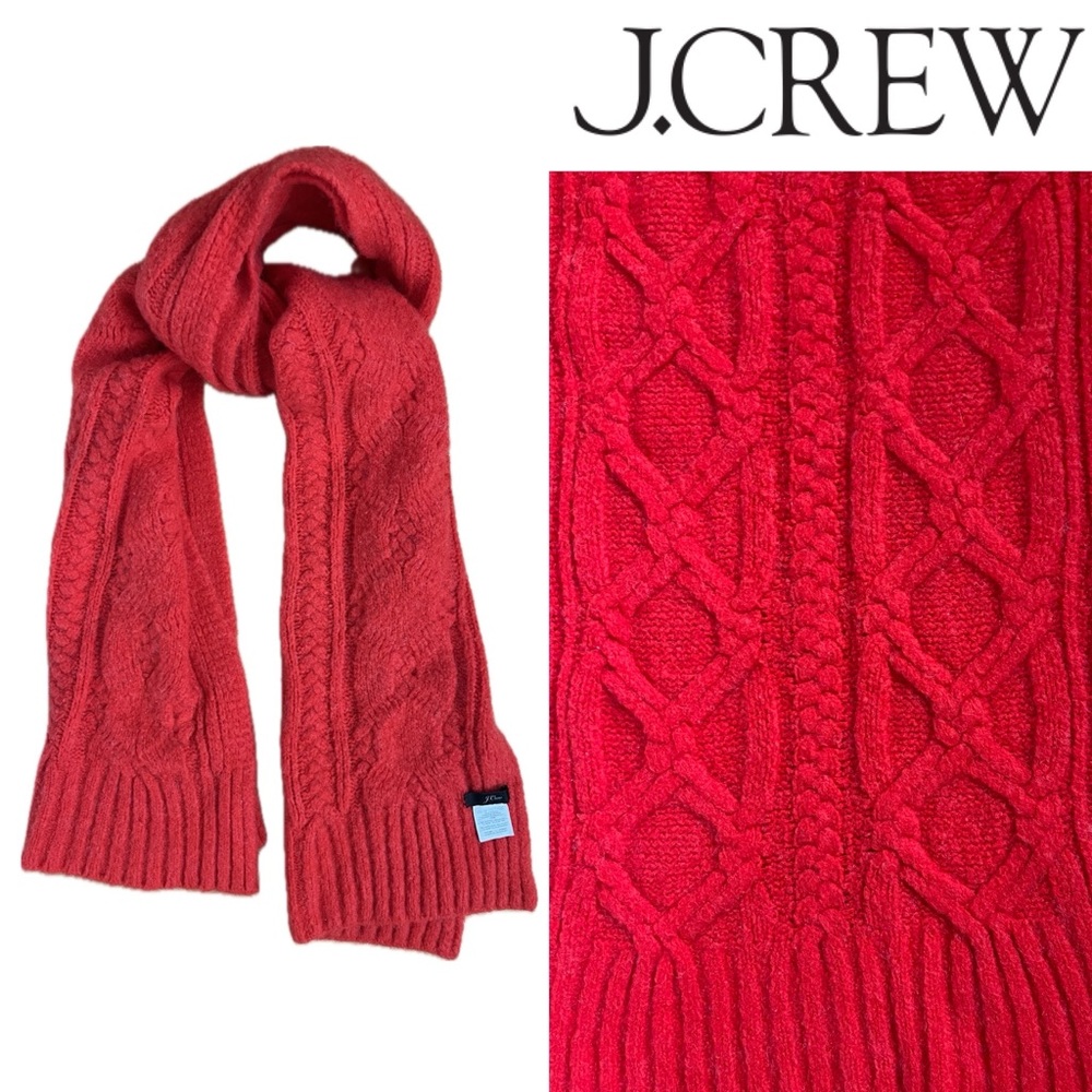 🧶Oversized Thick Soft Coral-Red Cable Knit Wool Blend Scarf | J. Crew 15” x 78”